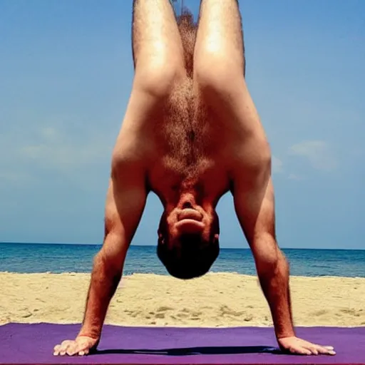 Prompt: benjamin netanyahu doing a headstand at the beach, rich colors, warm, summer