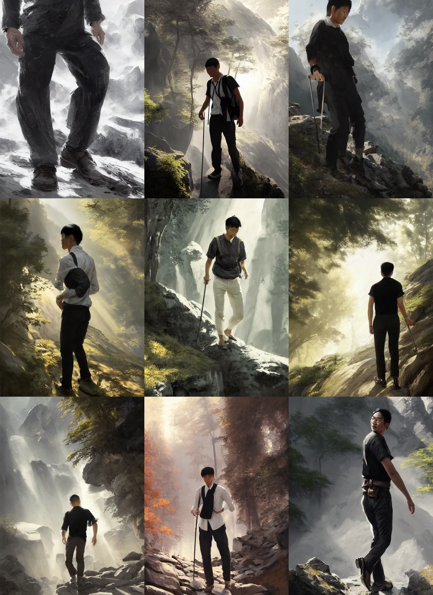 Prompt: asian man, hiking in rocky mountain, black trousers and white shirt, sunrays, intricate, elegant, digital painting, highly detailed, artstation, sharp focus, illustration, ruan jia, aleksi briclot, rutkowski