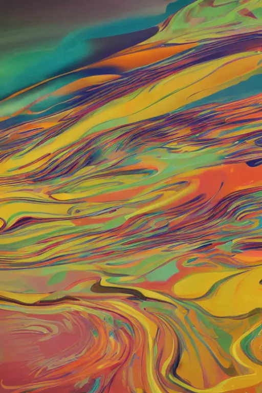 Image similar to concept art landscape by james jean and bridget riley and apple, fluid simulation in houdini, simplified waves of paint suspended in oil, anti - gravity, glossy plastic, subsurface scattering, volumetric, natural muted tones, trending on artstation, rendered in octane, cgsociety