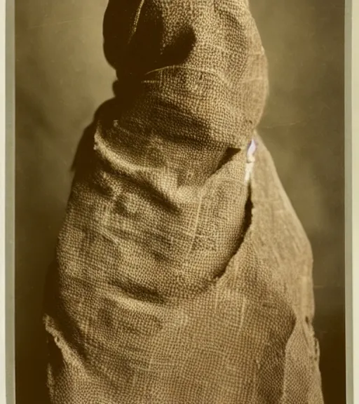 Image similar to person wearing burlap bag over head, vintage technicolor film photo, grainy, high detail, high resolution