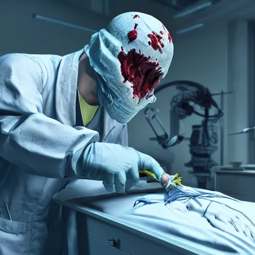 Prompt: a highly detailed photographic render of a surgeon operating on a specimen, creature, outlast, outlast 2, outlast game, horror, dark fantasy, beautifully lit, ray traced, octane 3D render in the style of Gerald Brom and James Gurney