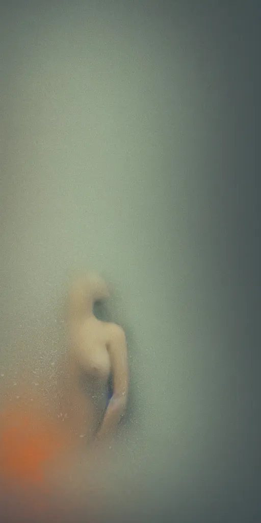 Image similar to a blurry closeup picture, flesh and desire, dripping wet, no face, macro photography, long exposure photograph, surrealism, anamorphic bokeh, cozy, soft light, cyan and orange, caustic, atmospheric fog, octane render, cinematic