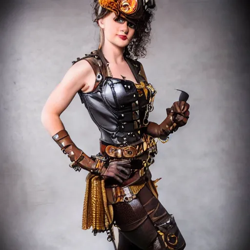 Image similar to full body photo of a skinny female steampunk amazon warrior