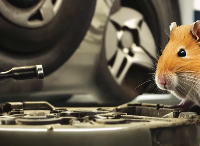 Prompt: film still of a hamster working as a mechanic in an auto shop, 8 k