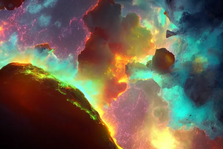 Image similar to dramatic render of a lush volcanic island flying through a space nebula, cgsociety, artstation, 4k