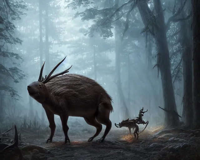 Image similar to 5 5 mm portrait photo of an armored demonic capybara with antlers, in a magical forest. dark atmosphere. art by greg rutkowski. highly detailed 8 k. intricate. lifelike. soft light. nikon d 8 5 0.