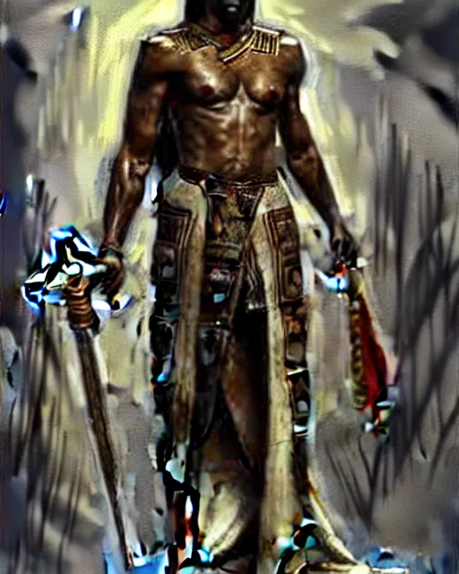 Image similar to concept art by anders zorn and craig mullins depicting djimon hounsou as a tall and very lean temple guard dressed in ancient egyptian decorative armor and flowing robes