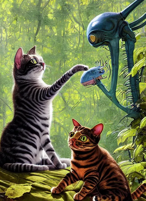 Image similar to a hyper realistic cat meeting an alien. and sunbeams blue sky, lush forest foliage painting by chiara bautista and norman rockwell and greg rutkowski weta studio, and lucasfilm