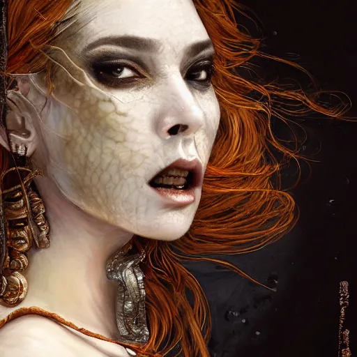 Image similar to portrait of a Shibari rope wrapped face and neck, headshot, insanely nice professional hair style, dramatic hair color, digital painting, of a old 13th century, traveler, amber jewels, baroque, ornate clothing, scifi, realistic, hyperdetailed, chiaroscuro, concept art, art by Franz Hals and Jon Foster and Ayami Kojima and Amano and Karol Bak,