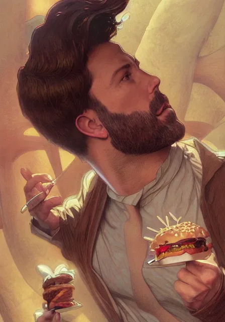 Image similar to ben affleck eating too much hamburger, intricate, elegant, highly detailed, digital painting, artstation, concept art, smooth, sharp focus, illustration, art by artgerm and greg rutkowski and alphonse mucha and william - adolphe bouguereau