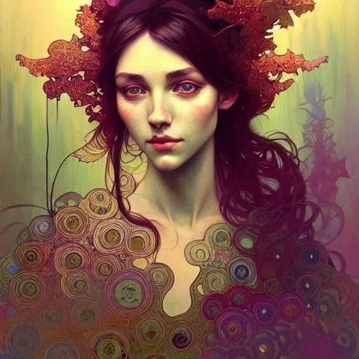 Image similar to Girl have a psychedelic experience, magic mushrooms, psilocybin, face, detailed, intricate, elegant, highly detailed, digital painting, artstation, concept art, smooth, sharp focus, illustration, art by Krenz Cushart and Artem Demura and alphonse mucha