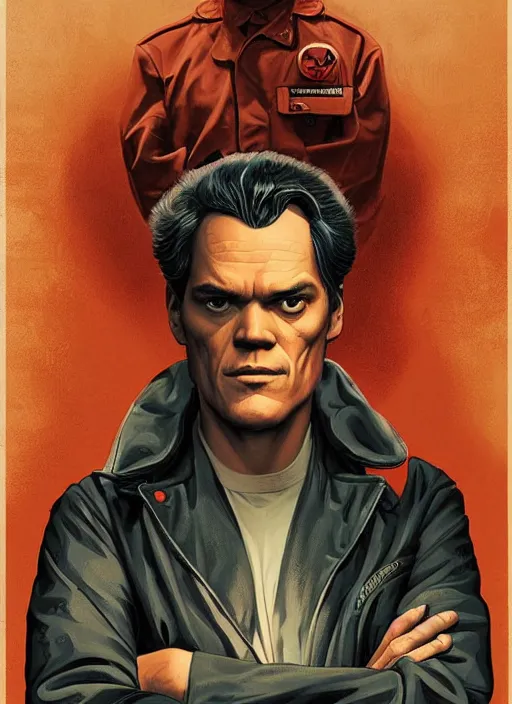 Image similar to poster artwork by Michael Whelan and Tomer Hanuka, Karol Bak of portrait of Michael Shannon!!!!!! the local mechanic clerk at the auto store, from Twin Peaks, clean, simple illustration, nostalgic, domestic, full of details