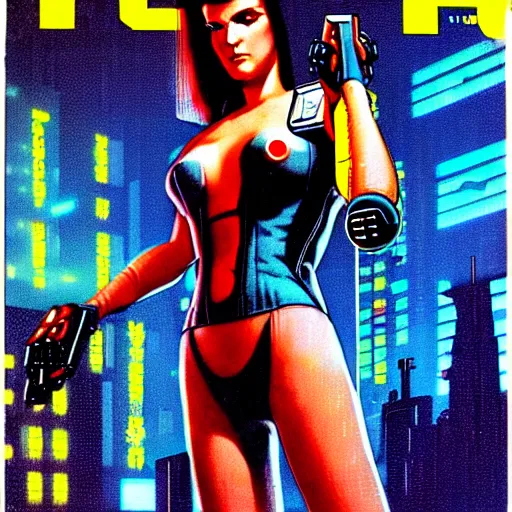 Image similar to cable plugged into cyberdeck, right temple, cyberpunk woman, computer, 1 9 7 9 omni magazine cover, style by vincent di fate, cyberpunk 2 0 2 0