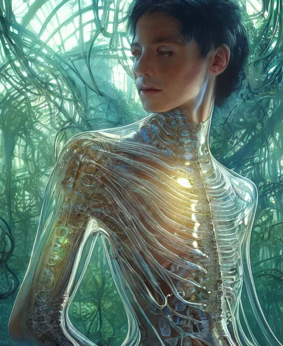 Image similar to opulent transparent clear see - through portrait of a terrifying beautiful male alien centipede computer cyborg, mottled coloring, adorable, childlike, overgrown biopunk jungle environment, ultra realistic, concept art, art nouveau, photorealistic, octane render, 8 k, unreal engine. art by christopher marley and artgerm and greg rutkowski and alphonse mucha