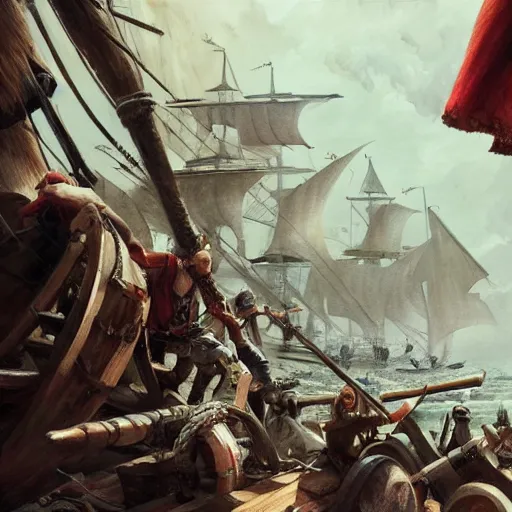 Prompt: close up of biggest pirate battle ever, pencil sketch, realistic shaded, fine details, realistic shaded lighting poster by greg rutkowski