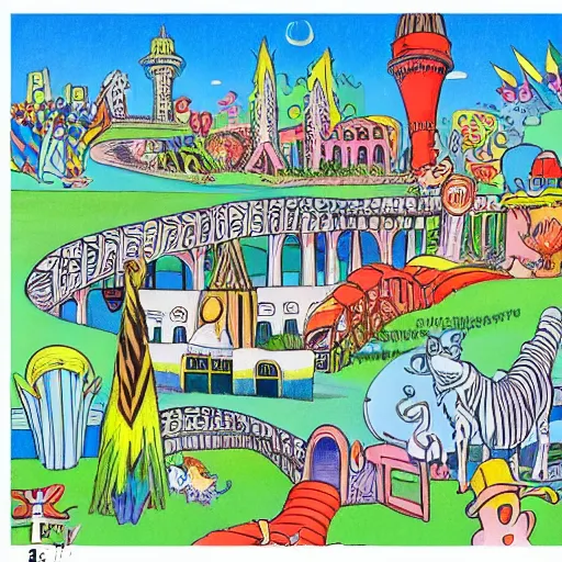 Prompt: fanciful city by dr seuss, the lorax, on beyond zebra, if i ran the zoo, platforms, towers, bridges, stairs