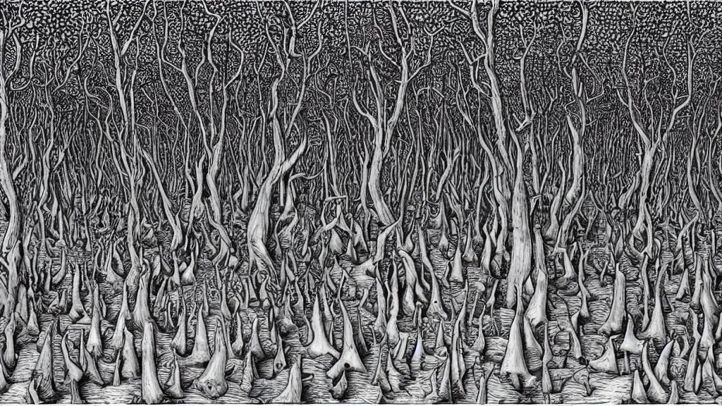 Image similar to a forest of giant thumbs, by escher and chris van allburg, fine inking lines, surreal fantasy