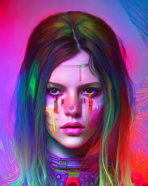 Image similar to colorful portrait of a brunette hippie, but set in the future 2 1 5 0 | highly detailed | very intricate | symmetrical | professional model | cinematic lighting | award - winning | painted by mandy jurgens | pan futurism, dystopian, bold psychedelic colors, cyberpunk, anime aesthestic | featured on artstation