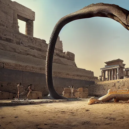 Image similar to Ancient Egyptian ruins surrounded by a giant snake skeleton, ultra realistic, concept art, intricate details, eerie, highly detailed, photorealistic, octane render, 8k, unreal engine. art by Andrew Andreev