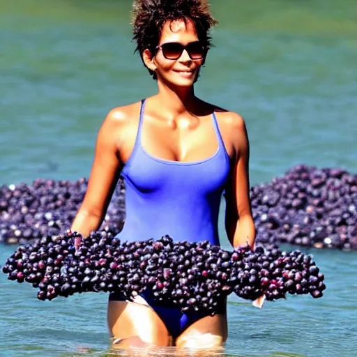 Image similar to halle berry swimming in a sea of blueberries