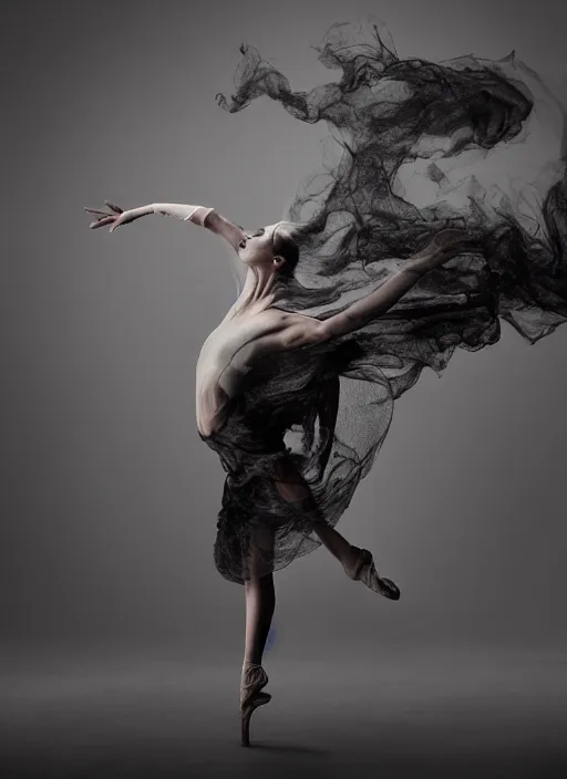 Image similar to a Photorealistic dramatic hyperrealistic render of a glamorous beautiful Female smoke dancer by Ken Brower and Deborah Ory of NYC Dance project,Lois Greenfield,Flowing cloth and smoke,Beautiful dynamic dramatic dark moody lighting,volumetric,shadows,cinematic atmosphere,Octane render,8K