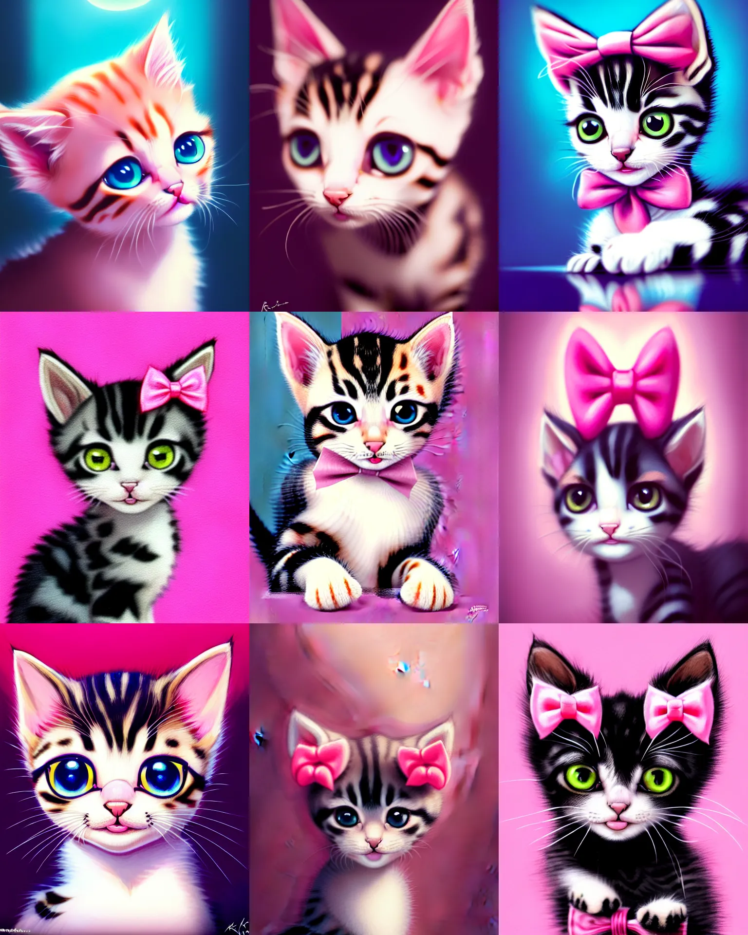 Prompt: hyper - realistic portrait of a very cute kitten with a pink bow on her head, big eyes, looking into the camera, celshading, sharp focus, intricate, detailed, rhads, andreas rocha, makoto shinkai, lois van baarle, ilya kuvshinov, greg rutkowski, dynamic lighting, grunge aesthetic, 4 k