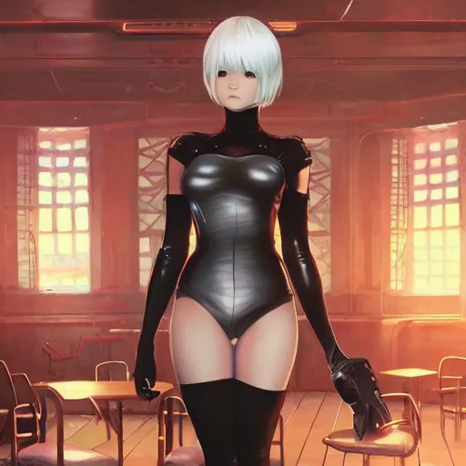 Prompt: highly detailed painting of 2 b from nier automata wearing a latex suit in a bar, stephen bliss, 8 k, by greg rutkowski, loish, rhads, artgerm, ferdinand knab, makoto shinkai and lois van baarle, ilya kuvshinov, rossdraws, global illumination, radiant light, detailed and intricate environment