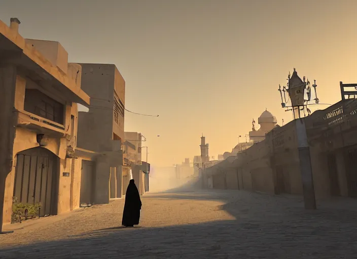 Image similar to old jeddah city alley, roshan, old shops, horse, magical glowing sand portal to another dimension, a man wearing a white robe standing watching over, dramatic lighting, dawn, by caspar david friedrich, unreal engine 5