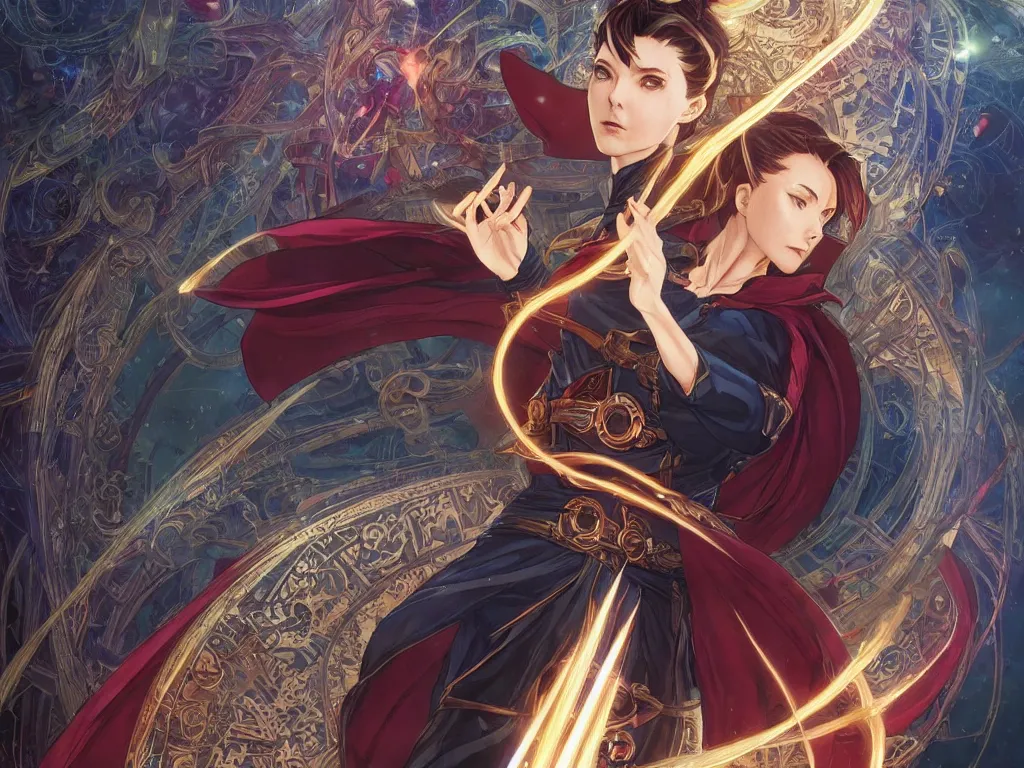 Image similar to anime key visual of one beautiful female doctor strange, marvel comics, spells, magic, intricate, inside magical temple stunning, highly detailed, digital painting, artstation, smooth, hard focus, illustration, art by artgerm and greg rutkowski and alphonse mucha