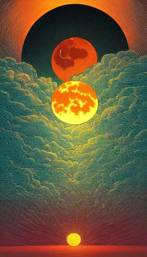 Image similar to harvest moon floating on cosmic cloudscape at sunset, futurism, dan mumford, victo ngai, kilian eng, da vinci, josan gonzalez