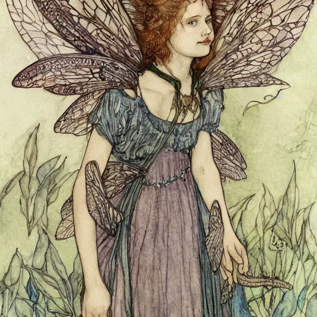 Image similar to a detailed, intricate watercolor and ink portrait illustration with fine lines of young 1 4 year old scarlett johannson as a fairy with dragonfly wings wearing a peasant dress, by arthur rackham and edmund dulac and lisbeth zwerger