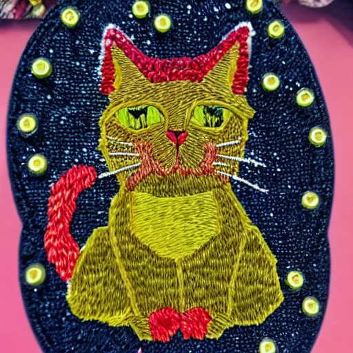 Prompt: a photo of a cat embroidered with sequins