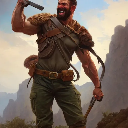 Image similar to Rugged male ranger laughing with his friends, relaxed, D&D, muscular, upper body, fantasy, intricate, elegant, highly detailed, digital painting, artstation, concept art, smooth, sharp focus, illustration, art by artgerm and greg rutkowski and alphonse mucha