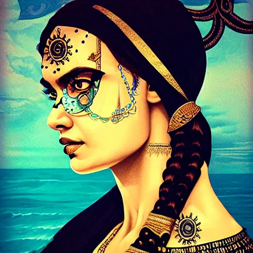 Image similar to portrait of pakistani woman :: side profile :: in ocean :: clockwork details :: gold :: blood and horror :: by vikings and Sandra Chevrier