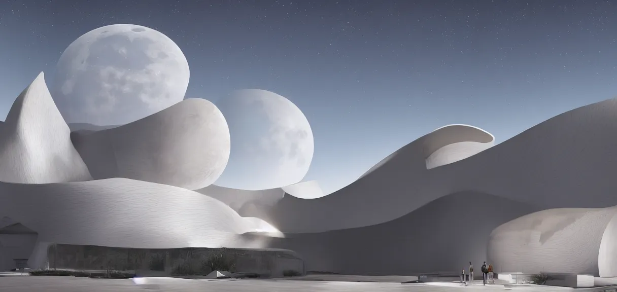 Prompt: a cresent moon in the sky shining on a white museum by zaha hadid in the desert, cinematic, realistic, render in unreal engine 5