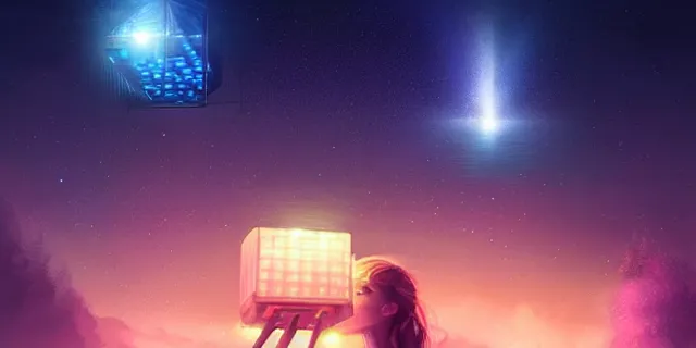 Image similar to a beautiful network of glowing futuristic cubes appears in the sky above a fantasy landscape, atmospheric lighting, intricate, volumetric lighting, beautiful, sharp focus, ultra detailed, in the art style of bowater charlie, brom gerald, astrophotography