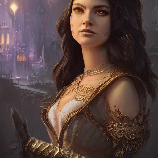 Image similar to a portrait of a younger terri alden as a sorceress, urban motifs, intricate, elegant, highly detailed, digital painting, trending on artstation, concept art, smooth sharp focus, illustration, art by artgerm and greg rutkowski