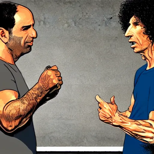 Image similar to Joe Rogan and Howard Stern arguing, intricate, highly detailed, concept art, smooth, sharp focus, illustration, medium shot, mid-shot