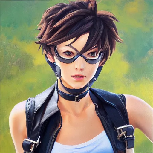 Image similar to oil painting of tracer overwatch in a field wearing very large black leather belt choker collar around neck, in style of mark arian, expressive face, very detailed face, very detailed eyes, belt around neck, full body, feminine face, tracer overwatch,