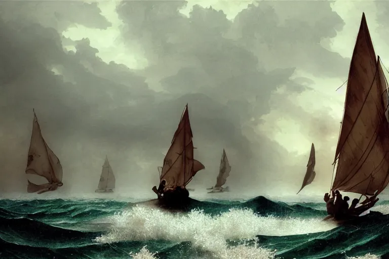 Image similar to ancient historically accurate depiction of Bible Character walking on water during a storm, a small fishing sailboat with scared sailors on board, dramatic lighting by frank miller, illustration by Ruan Jia and Mandy Jurgens and William-Adolphe Bouguereau, Artgerm, 4k, digital art, surreal, space dandy style, highly detailed, godsend, artstation, digital painting, concept art, smooth, sharp focus, illustration by Ruan Jia and Mandy Jurgens and William-Adolphe Bouguereau, Artgerm