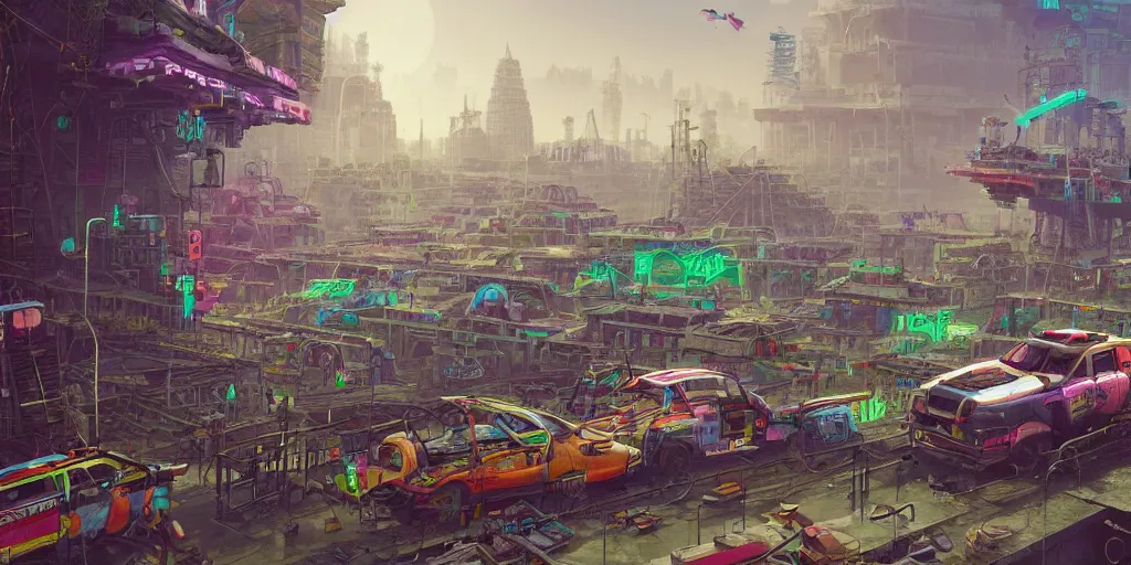 Image similar to hyperrealistic matte painting of aztec temples in a future environment with flying cars, mechanical features and neon, graffiti, scaffolding, smog, destruction by filip hodas, beeple, 4 k, trending on cgsociety