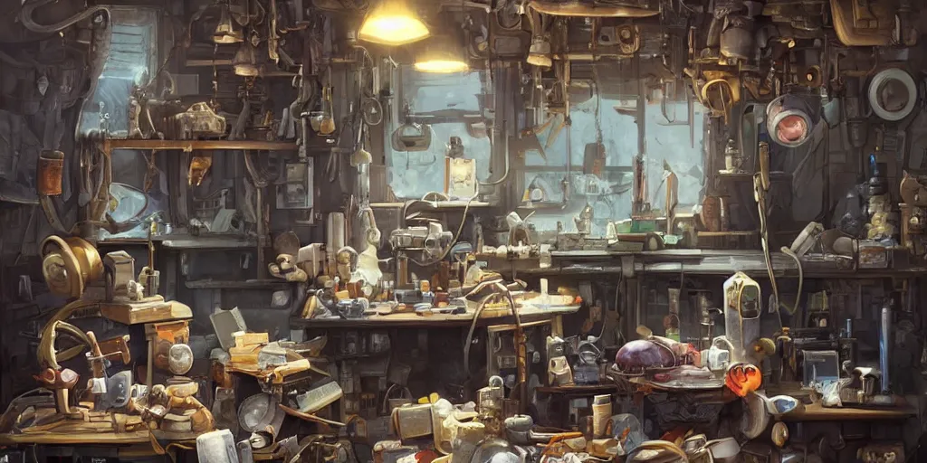 Image similar to A strong mechanic tinkers over gadgets on a table inside his workshop, in the style of Arcane, Greg Rutkowski and Studio Ghibli