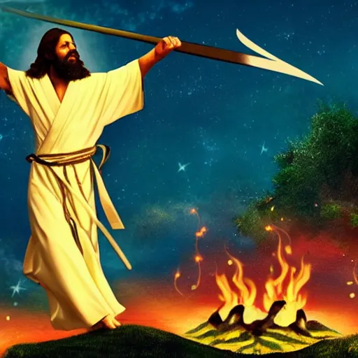 Image similar to jesus in a kimono swinging his sword and making a fire wave on the hill, artistic, hyper realistic, full hd, good lights