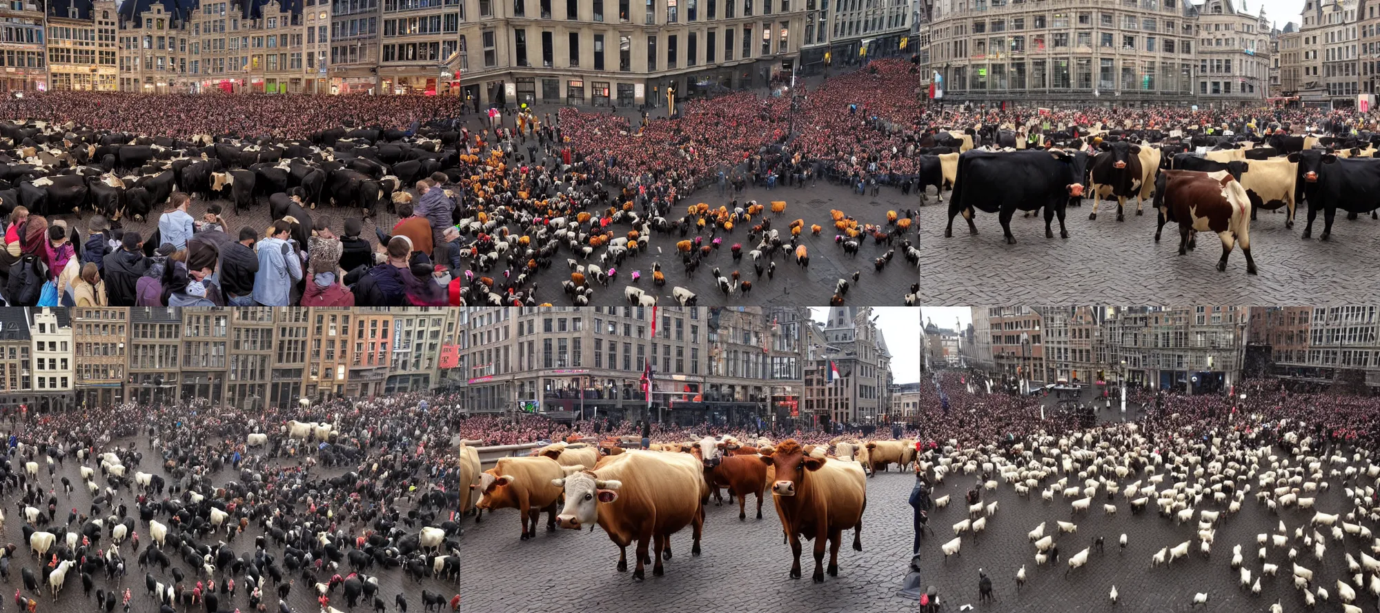 Prompt: a herd of angry cows protesting on dam square, fireworks, police