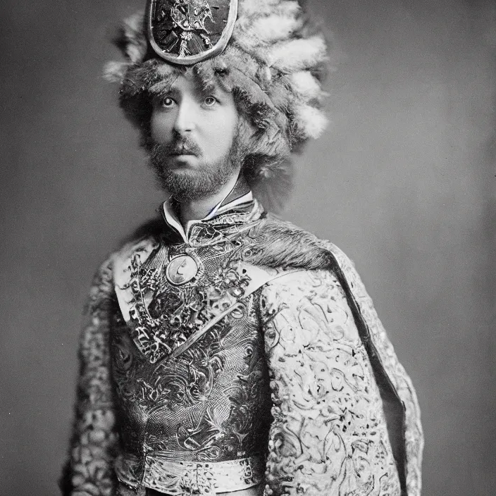 Prompt: portrait of a victorian king in ceremonial outfit, male, crown, detailed face, victorian, highly detailed, cinematic lighting, photograph by elliott & fry