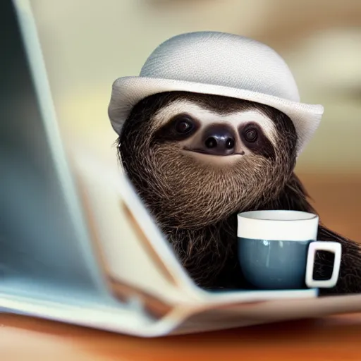 Prompt: An adorable baby sloth in a hat working at his job as a computer programmer, drinking a cup of coffee, 4k photograph