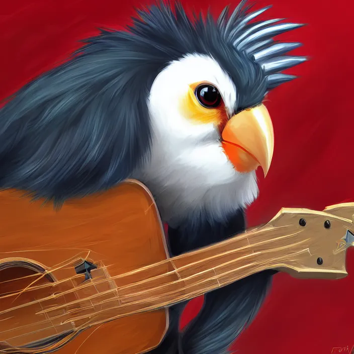 Prompt: a character portrait of an anthropomorphic cockatiel with a guitar, a digital painting by furry art featured on pixiv, stylized painting, speedpainting, digital painting, concept art, furry art