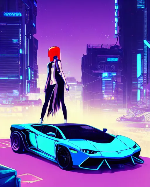 Image similar to digital illustration of cyberpunk pretty girl with blue hair, standing in front of a purple lamborghini, in junkyard at night, by makoto shinkai, ilya kuvshinov, lois van baarle, rossdraws, basquiat