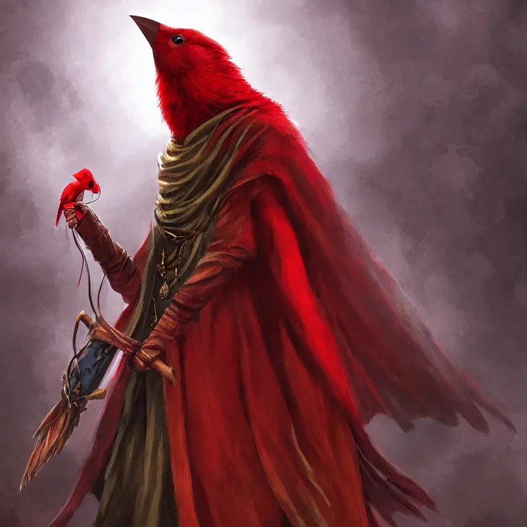 Image similar to a red Kenku druid in a cloak holding a vine whip, fantasy art, digital art, 4K,