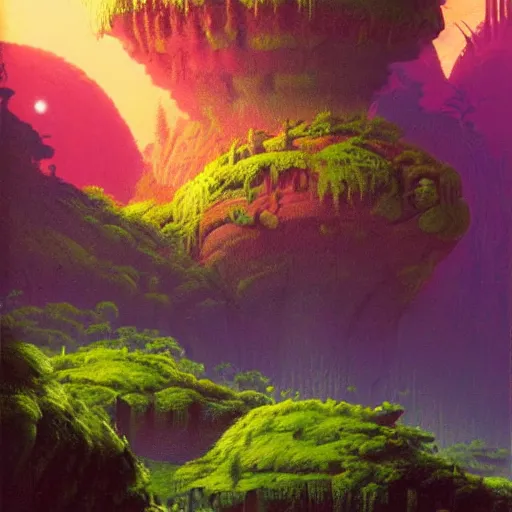 Image similar to illustration of a lush natural scene on an alien planet by paul lehr. extremely detailed. beautiful landscape. weird vegetation. cliffs and water.